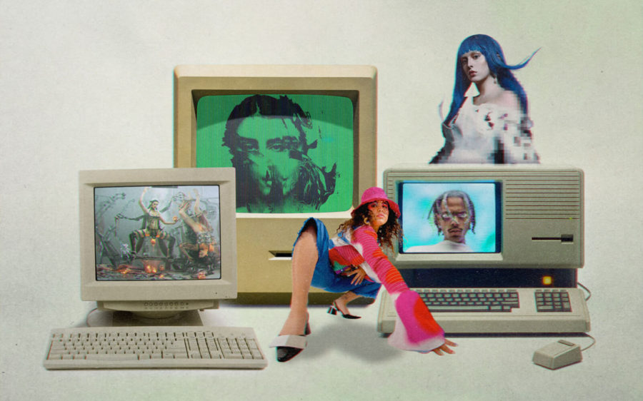 Old computers with photos of Sevdaliza, Remi Wolf, Ashnikko and Jean Dawson